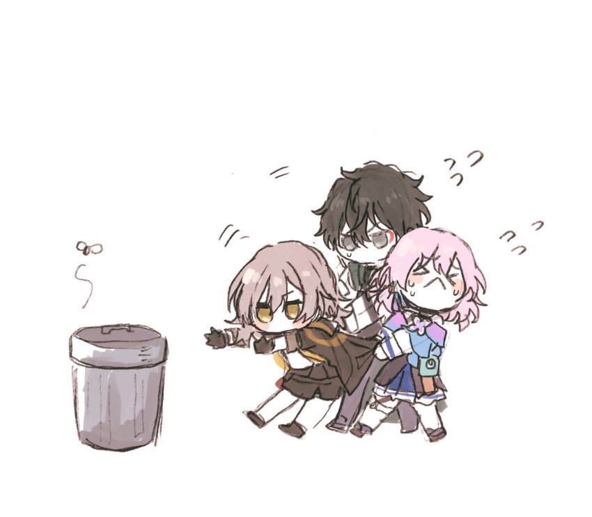 >_<, 1boy, 2girls, 5rwpvc, :<, black_boots, black_eyes, black_hair