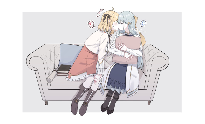 !?, 2girls, ahoge, anisphia_wynn_palettia, black_pantyhose, black_ribbon, blonde_hair, blue_hair