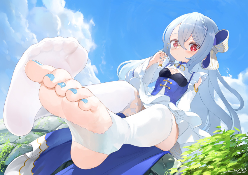 1girl, absurdres, barefoot, blue_nails, blush, closed_mouth, dot_mouth, feet