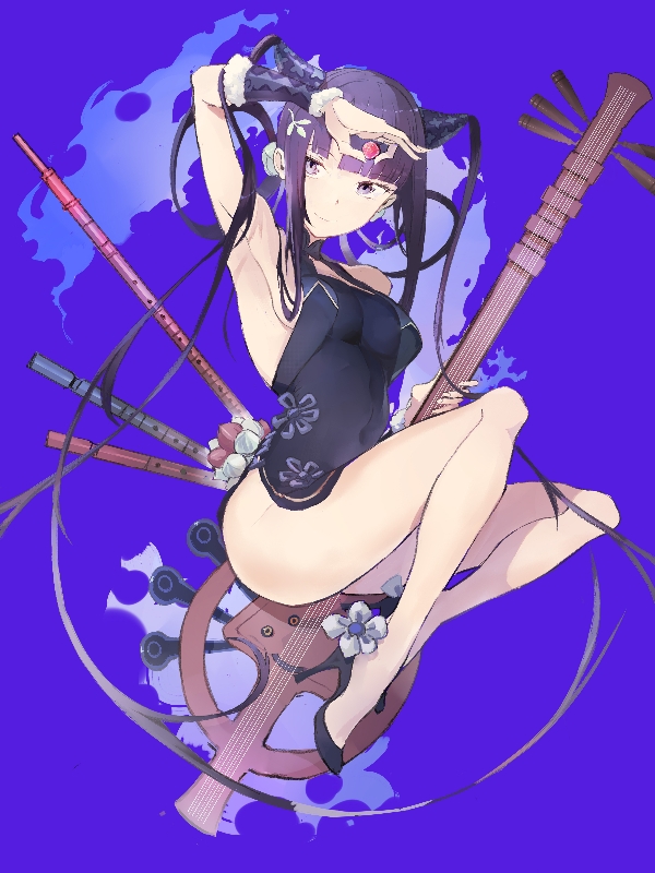 1girl, armpits, bare_shoulders, black_dress, blue_background, blunt_bangs, china_dress, chinese_clothes