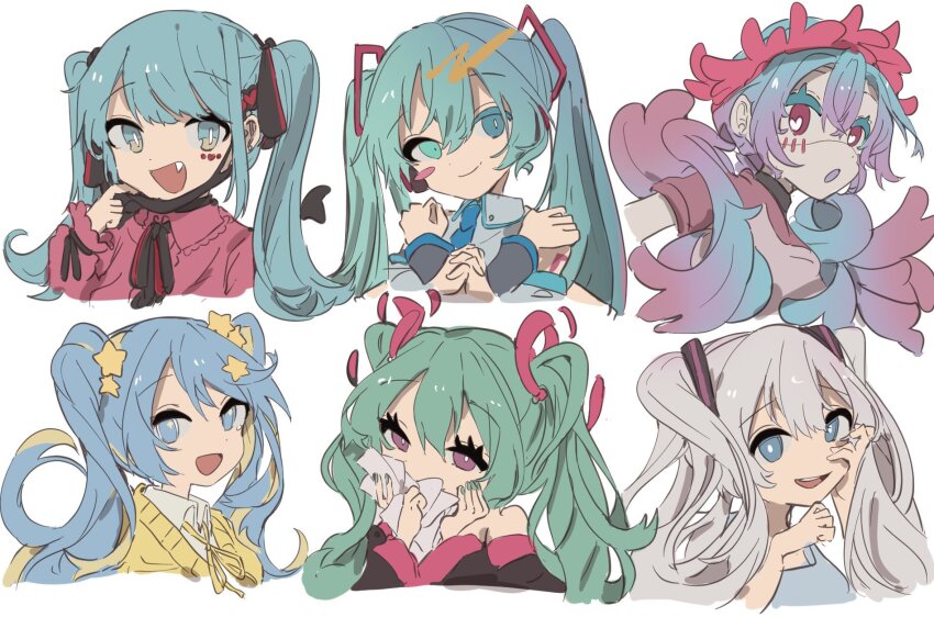 6+girls, annotated, aqua_eyes, aqua_hair, black_mask, black_ribbon, blonde_hair, blue_eyes
