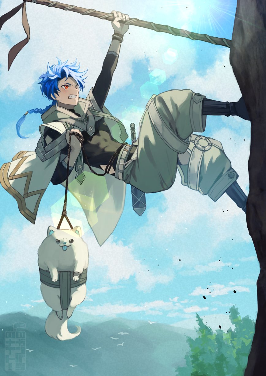 1boy, animal, baby_animal, blue_hair, blue_sky, bodysuit, bodysuit_under_clothes, bracelet