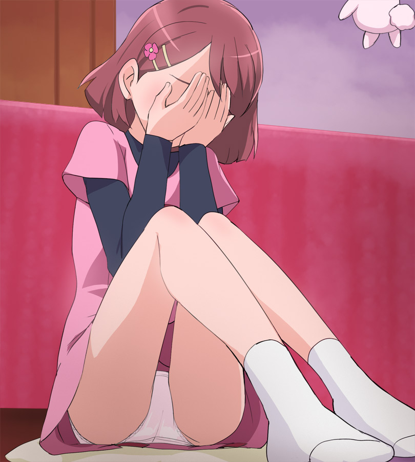 1girl, bed, covering_face, flower, full_body, hair_flower, hair_ornament, hairclip, hanadera_nodoka, haruyama_kazunori, healin'_good_precure, panties, precure, rabirin_(precure), short_hair, sitting, skirt, socks, underwear, white_panties, white_socks