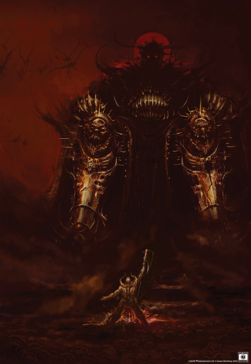 2boys, absurdres, adeptus_astartes, armor, axe, battle_axe, blood, chaos_(warhammer), chaos_space_marine, commentary, copyright_name, copyright_notice, demon, demon_horns, english_commentary, flying, gold_armor, headpiece, hell, heresy_(warhammer), highres, holding, holding_axe, horns, khorne, maxstaxidermia, multiple_boys, ornate_armor, pelvic_curtain, pile_of_skulls, red_eyes, red_skirt, red_sky, red_sun, shaded_face, shoulder_armor, shoulder_spikes, skirt, skull, skull_ornament, sky, spikes, topless_male, warhammer_40k, warrior_of_chaos, weapon, world_eaters