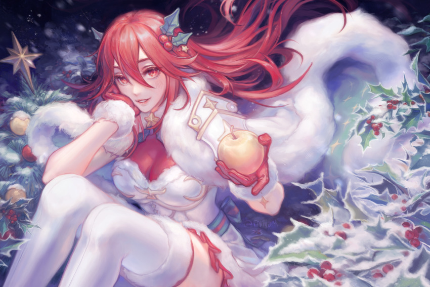 1girl, apple, armor, armored_dress, blush, breastplate, cape, christmas, christmas_tree, commentary, cordelia_(fire_emblem), cordelia_(winter)_(fire_emblem), dress, english_commentary, faithom, fire_emblem, fire_emblem_awakening, fire_emblem_heroes, floating_hair, food, fruit, fur-trimmed_cape, fur-trimmed_gloves, fur-trimmed_thighhighs, fur_trim, gloves, golden_apple, grin, hair_between_eyes, hair_ornament, head_rest, holding, holding_food, holding_fruit, lips, long_hair, looking_at_viewer, nintendo, official_alternate_costume, pink_lips, red_dress, red_eyes, red_gloves, red_hair, sitting, smile, solo, thighhighs, white_cape, white_thighhighs