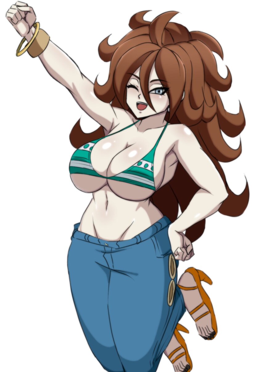 1girl, android_21, armpits, bangle, bikini, bikini_top_only, black_nails, blue_eyes