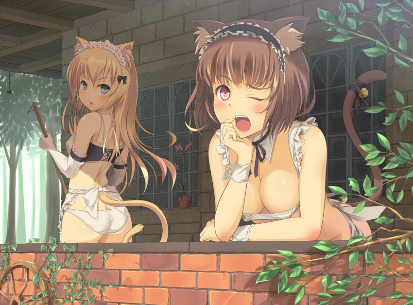 2girls, animal_ears, apron, ass, balcony, bell, blonde_hair, blue_eyes, breasts, brick_wall, brown_eyes, brown_hair, bug, butt_crack, cat_ears, cat_tail, cleavage, detached_collar, elbow_gloves, gloves, jingle_bell, leaning_forward, long_hair, maid, maid_apron, maid_headdress, multiple_girls, no_bra, one_eye_closed, open_mouth, original, panties, pink_eyes, plant, potted_plant, shade, short_hair, spider, tail, tail_bell, tail_ornament, terrace, u-suke_(supertie), underwear, white_panties, wink, wrist_cuffs, yawning