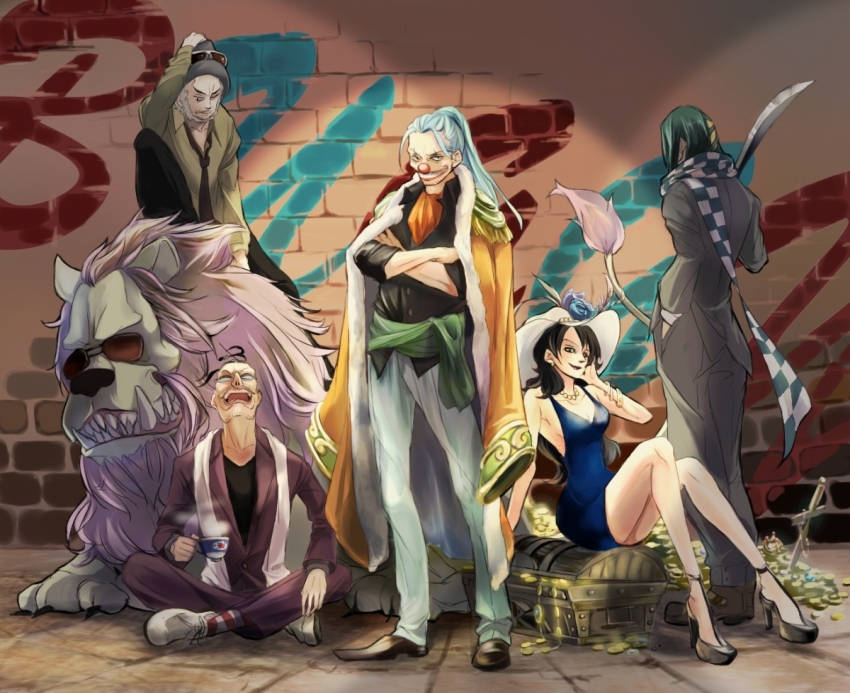 1girl, 4boys, alvida_(one_piece), animal, animal_ears, back, black_hair, blue_hair