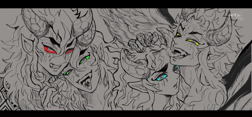 4boys, aizetsu_(kimetsu_no_yaiba), artist_name, bird_wings, blue_sclera, colored_sclera, demon_boy, fangs