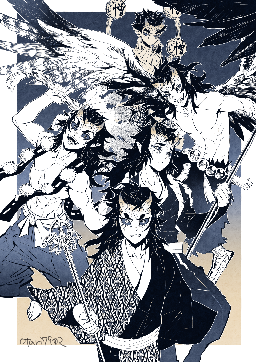 5boys, aizetsu_(kimetsu_no_yaiba), animal_feet, arm_up, artist_name, baggy_pants, bird_legs, bird_wings