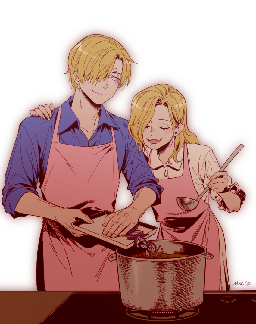 1boy, 1girl, apron, arm_around_shoulder, artist_name, blonde_hair, blue_eyes, blue_shirt