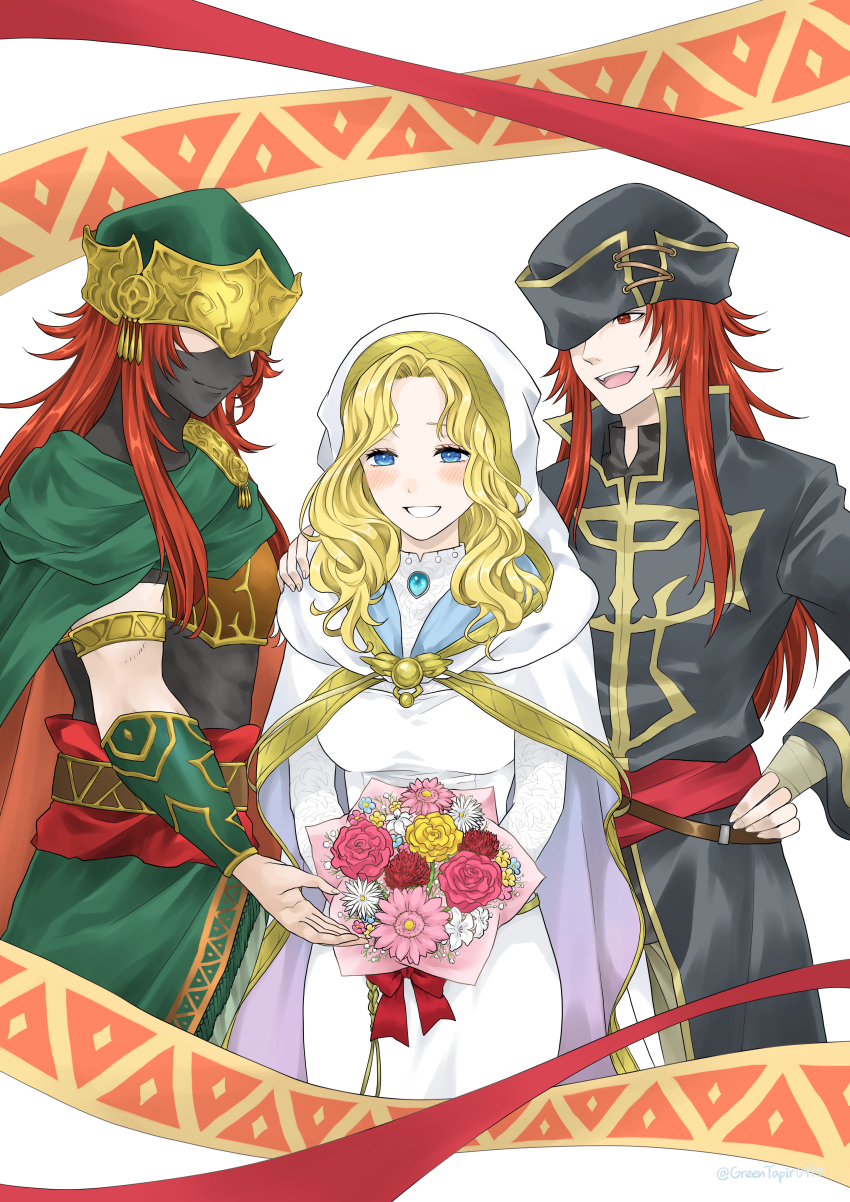 1girl, 2boys, absurdres, black_coat, blonde_hair, blue_eyes, blush, bouquet