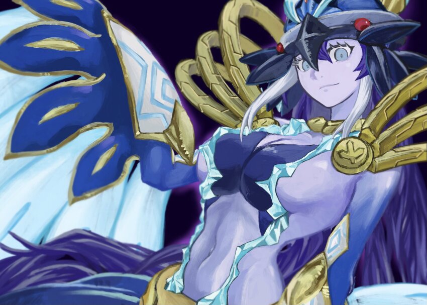 1girl, agarori_(b9yhn), armor, blue_eyes, blue_feathers, breasts, cleavage, colored_skin, duel_monster, feathers, harpy, helmet, highres, large_breasts, long_hair, lyrilusc_-_ensemblue_robin, monster_girl, navel, purple_hair, purple_skin, shoulder_armor, sideboob, solo, stomach, very_long_hair, white_hair, winged_arms, wings, yu-gi-oh!