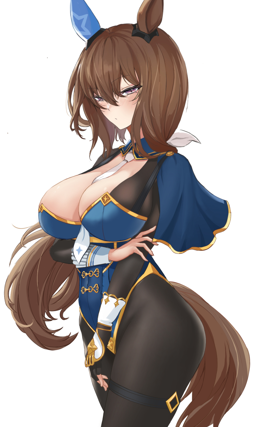 1girl, admire_vega_(umamusume), animal_ears, blush, breasts, brown_hair, cleavage, hair_ornament
