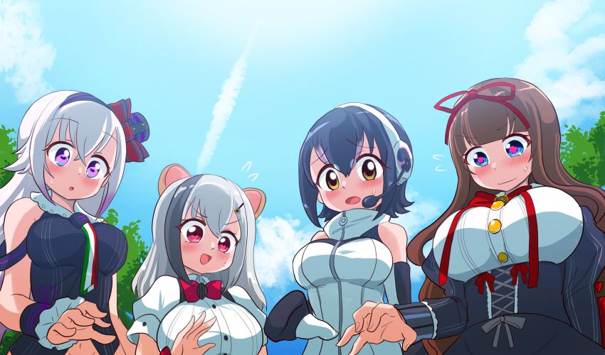 .live, 4girls, absurdres, animal_ears, black_hair, blue_sky, bow, bowtie