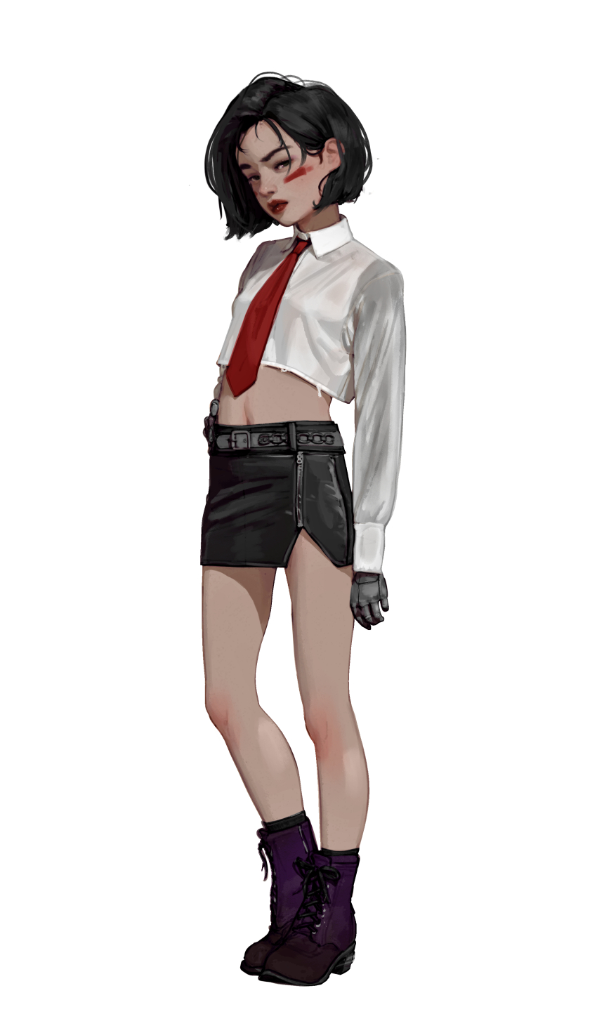 1girl, absurdres, alita, battle_angel_alita, black_eyes, black_hair, black_skirt, boots, brown_boots, collared_shirt, crop_top, diathorn, eyeshadow, facial_mark, female_focus, full_body, highres, lips, lipstick, looking_at_viewer, makeup, mechanical_hands, necktie, nose, red_lips, red_necktie, shirt, short_hair, simple_background, skirt, solo, standing, white_background, white_shirt, zipper_skirt