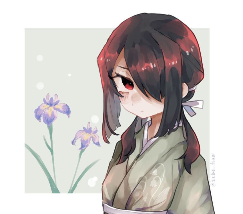 1girl, black_hair, blush, closed_mouth, flower, green_kimono, hair_between_eyes, hair_over_one_eye