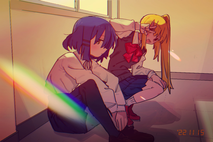 2girls, black_pantyhose, black_ribbon, black_skirt, blonde_hair, blue_hair, blue_skirt, bocchi_the_rock!, bow, brown_eyes, brown_footwear, closed_mouth, collared_shirt, commentary_request, dot_mouth, eezee56, evening, foot_out_of_frame, full_body, hair_ornament, hairclip, hand_on_own_knee, hand_up, ijichi_nijika, indoors, lens_flare, loafers, long_sleeves, looking_at_viewer, multiple_girls, neck_ribbon, open_mouth, pantyhose, partial_commentary, pleated_skirt, profile, red_bow, red_footwear, ribbon, school_uniform, shimokitazawa_high_school_uniform, shirt, shirt_tucked_in, shoes, short_hair, side_ponytail, sidelocks, sitting, skirt, smile, sneakers, socks, squatting, timestamp, v, v_over_eye, white_shirt, white_socks, window, yamada_ryo, yellow_eyes