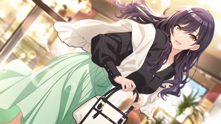 1girl, bag, black_hair, black_shirt, blurry, blurry_background, blush, breasts, cardigan, cardigan_around_neck, dutch_angle, game_cg, green_skirt, holding, holding_bag, idolmaster, idolmaster_shiny_colors, indoors, large_breasts, lens_flare, long_hair, long_skirt, looking_at_viewer, official_art, shirase_sakuya, shirt, skirt, smile, solo, very_long_hair, wavy_hair, white_cardigan