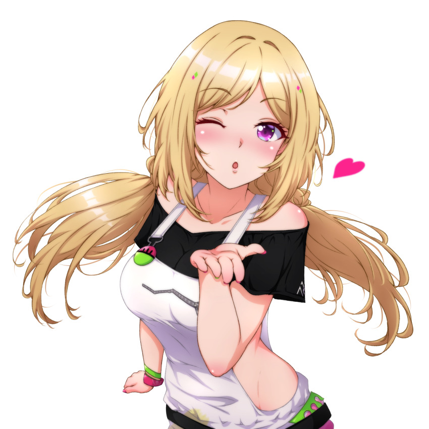 1girl, ;o, aki_rosenthal, aki_rosenthal_(gaming_casual), bare_shoulders, blonde_hair, blush, breasts