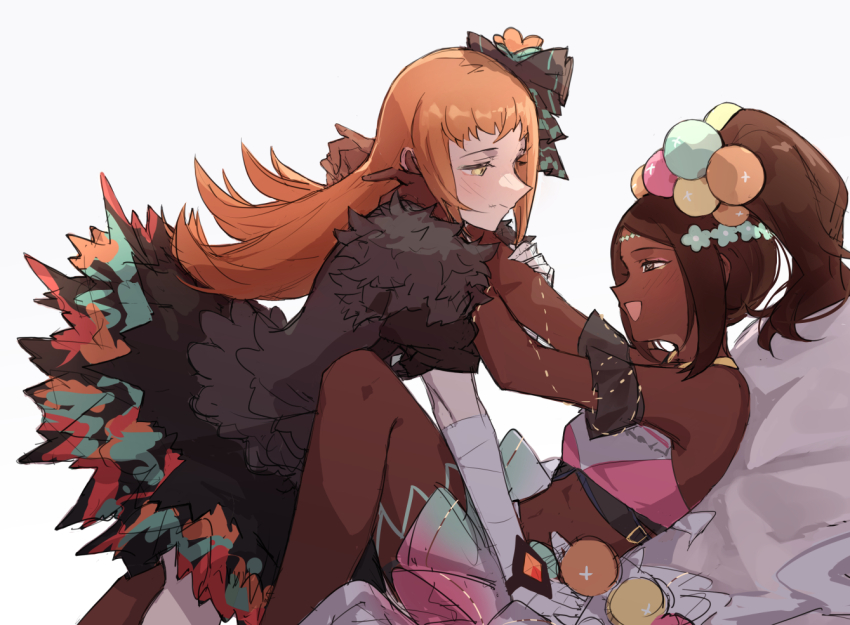 2girls, arms_around_neck, black_dress, brown_hair, crop_top, dark-skinned_female, dark_skin, dress