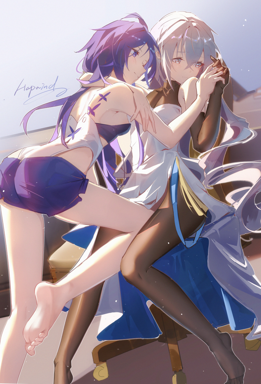 2girls, absurdres, ahoge, arms_around_neck, ass, bare_shoulders, barefoot, black_pantyhose, breasts, bronya_rand, butterfly_tattoo, dress, drill_hair, gloves, grey_eyes, grey_hair, hand_grab, hapwind, highres, honkai:_star_rail, honkai_(series), leg_between_thighs, legs, long_hair, medium_breasts, multiple_girls, pantyhose, purple_hair, purple_shorts, seele_(honkai:_star_rail), shorts, shoulder_blades, single_glove, tattoo, thighs, toes, white_dress, yuri