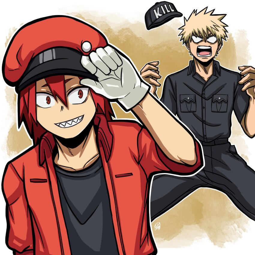 2boys, adjusting_clothes, adjusting_headwear, ambarsenpai, angry, arm_at_side, bakugou_katsuki, baseball_cap