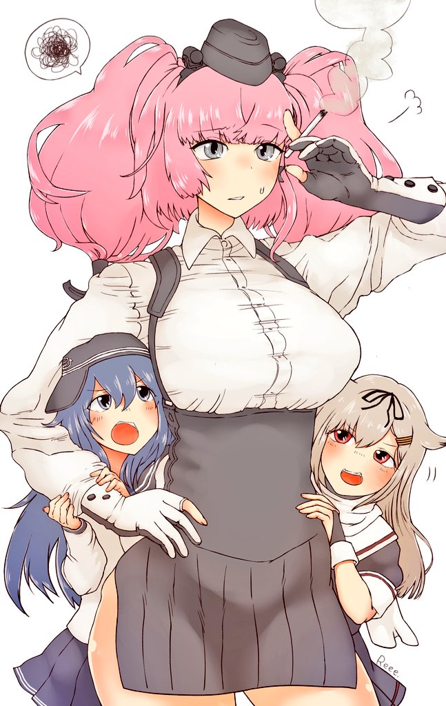 akatsuki_(kancolle), anchor_symbol, atlanta_(kancolle), black_gloves, black_hair, black_headwear, black_sailor_collar, black_serafuku, black_skirt, blue_eyes, blue_skirt, breasts, cb839, cigarette, fingerless_gloves, flat_cap, garrison_cap, gloves, grey_eyes, hair_flaps, hair_ornament, hair_ribbon, hairclip, hat, high-waist_skirt, holding, holding_cigarette, kantai_collection, large_breasts, light_brown_hair, long_hair, long_sleeves, open_mouth, parted_lips, partially_fingerless_gloves, pink_hair, pleated_skirt, red_eyes, ribbon, sailor_collar, scarf, school_uniform, serafuku, skirt, smoke, smoking, speech_bubble, suspender_skirt, suspenders, sweatdrop, teeth, thought_bubble, two_side_up, upper_teeth_only, white_background, white_gloves, white_sailor_collar, white_scarf, yuudachi_(kancolle), yuudachi_kai_ni_(kancolle)