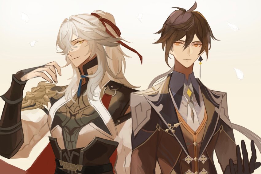 2boys, antenna_hair, arm_armor, black_gloves, black_shirt, brown_hair, brown_jacket, brown_vest, chinese_clothes, closed_mouth, coat, collared_jacket, collared_shirt, crystal, earrings, fingernails, formal_clothes, genshin_impact, gloves, gradient_background, grey_hair, grey_shirt, hair_between_eyes, hair_over_one_eye, hair_ribbon, hand_up, highres, honkai:_star_rail, honkai_(series), jacket, jewelry, jing_yuan, l78154477, long_sleeves, looking_at_another, male_focus, mandarin_collar, multiple_boys, necktie, open_clothes, open_coat, open_jacket, orange_eyes, ponytail, puffy_long_sleeves, puffy_sleeves, red_ribbon, ribbon, shirt, simple_background, single_earring, smile, suit, vest, white_background, white_coat, white_necktie, wing_collar, yellow_background, yellow_eyes, zhongli_(genshin_impact)