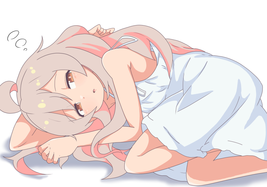 1girl, :o, absurdres, ahoge, bare_arms, bare_legs, bare_shoulders, brown_eyes