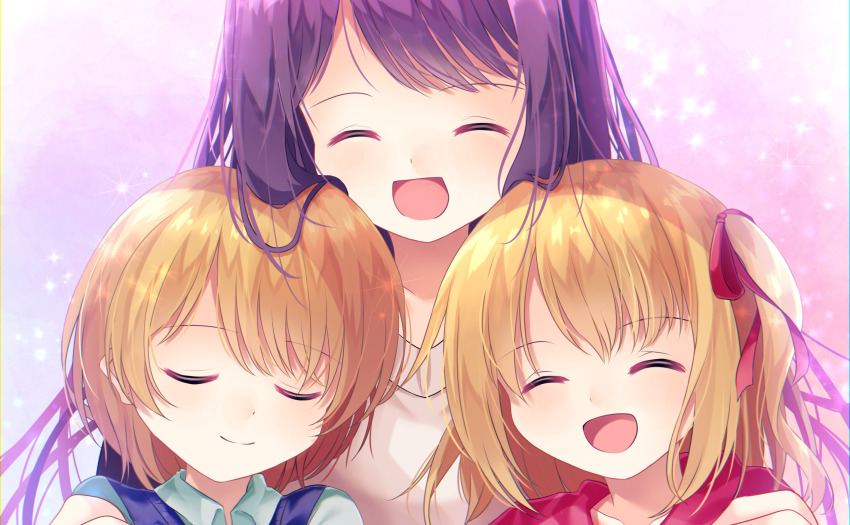 1boy, 2girls, blonde_hair, blue_vest, brother_and_sister, closed_eyes, collarbone, collared_shirt, commentary_request, hair_ribbon, highres, hoshino_ai, hoshino_aquamarine, hoshino_ruby, hug, hug_from_behind, long_hair, mother_and_child, mother_and_daughter, mother_and_son, multiple_girls, one_side_up, open_mouth, oshi_no_ko, parent_and_child, pink_sweater, purple_hair, raika_tsukuyomi, red_ribbon, ribbon, shirt, short_hair, siblings, sidelocks, smile, sparkle, sweater, twins, vest