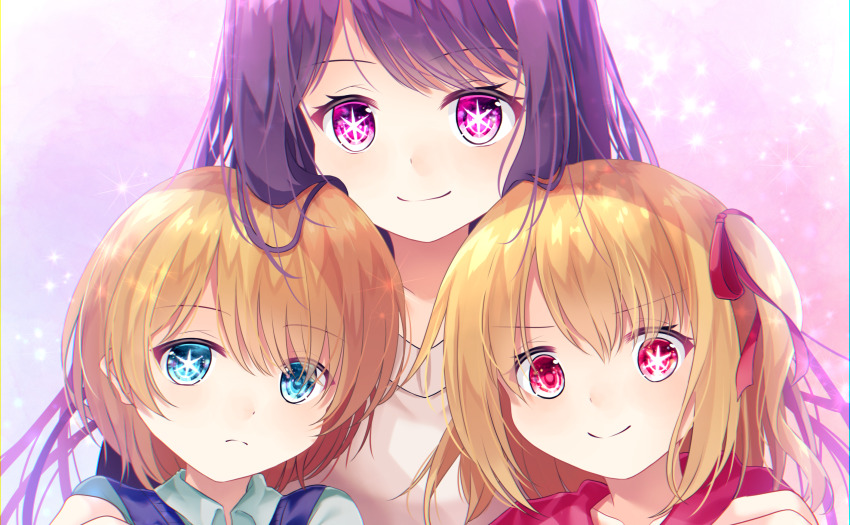 1boy, 2girls, blonde_hair, blue_eyes, blue_vest, brother_and_sister, closed_mouth, collarbone, collared_shirt, commentary_request, hair_ribbon, highres, hoshino_ai, hoshino_aquamarine, hoshino_ruby, hug, hug_from_behind, long_hair, mother_and_child, mother_and_daughter, mother_and_son, multiple_girls, one_side_up, oshi_no_ko, parent_and_child, pink_eyes, pink_sweater, purple_hair, raika_tsukuyomi, red_eyes, red_ribbon, ribbon, shirt, short_hair, siblings, sidelocks, sparkle, star-shaped_pupils, star_(symbol), sweater, symbol-shaped_pupils, twins, vest