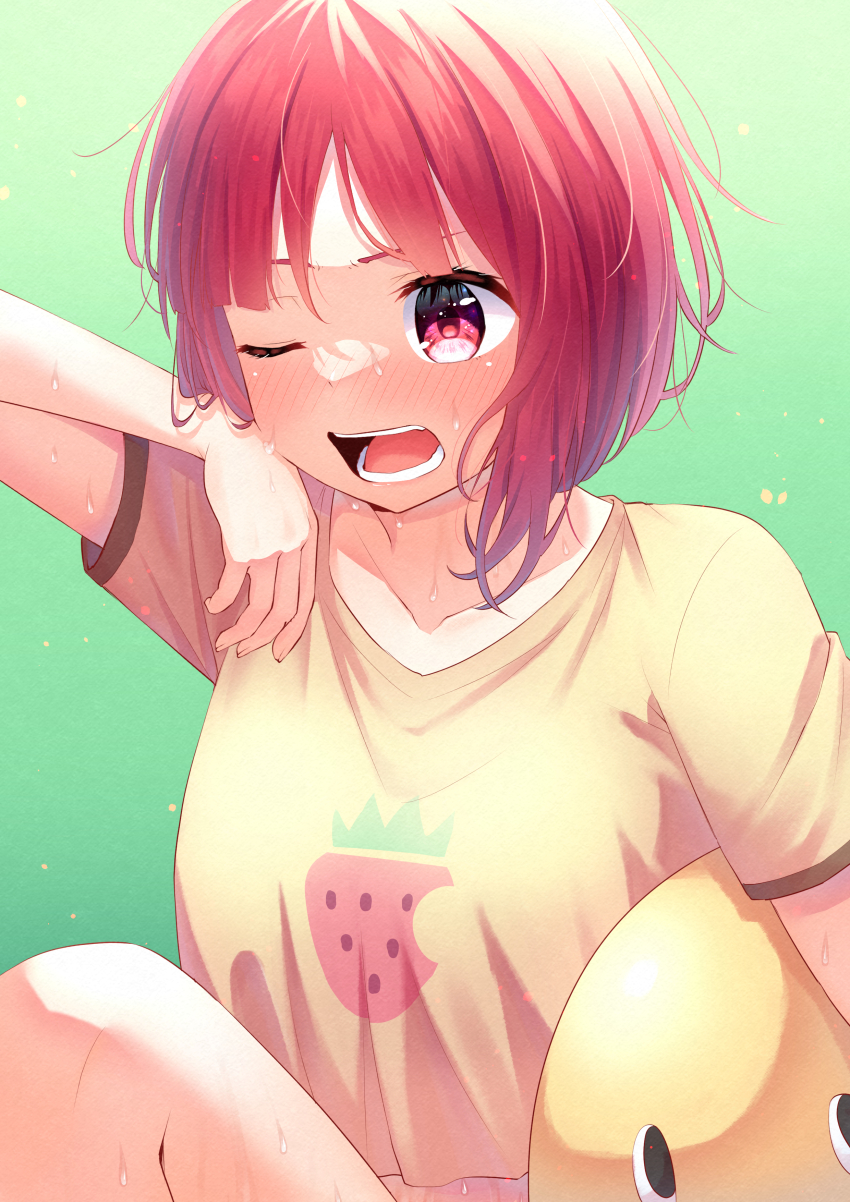 1girl, absurdres, arima_kana, bird_mask, blush, collarbone, commentary, cropped_shirt