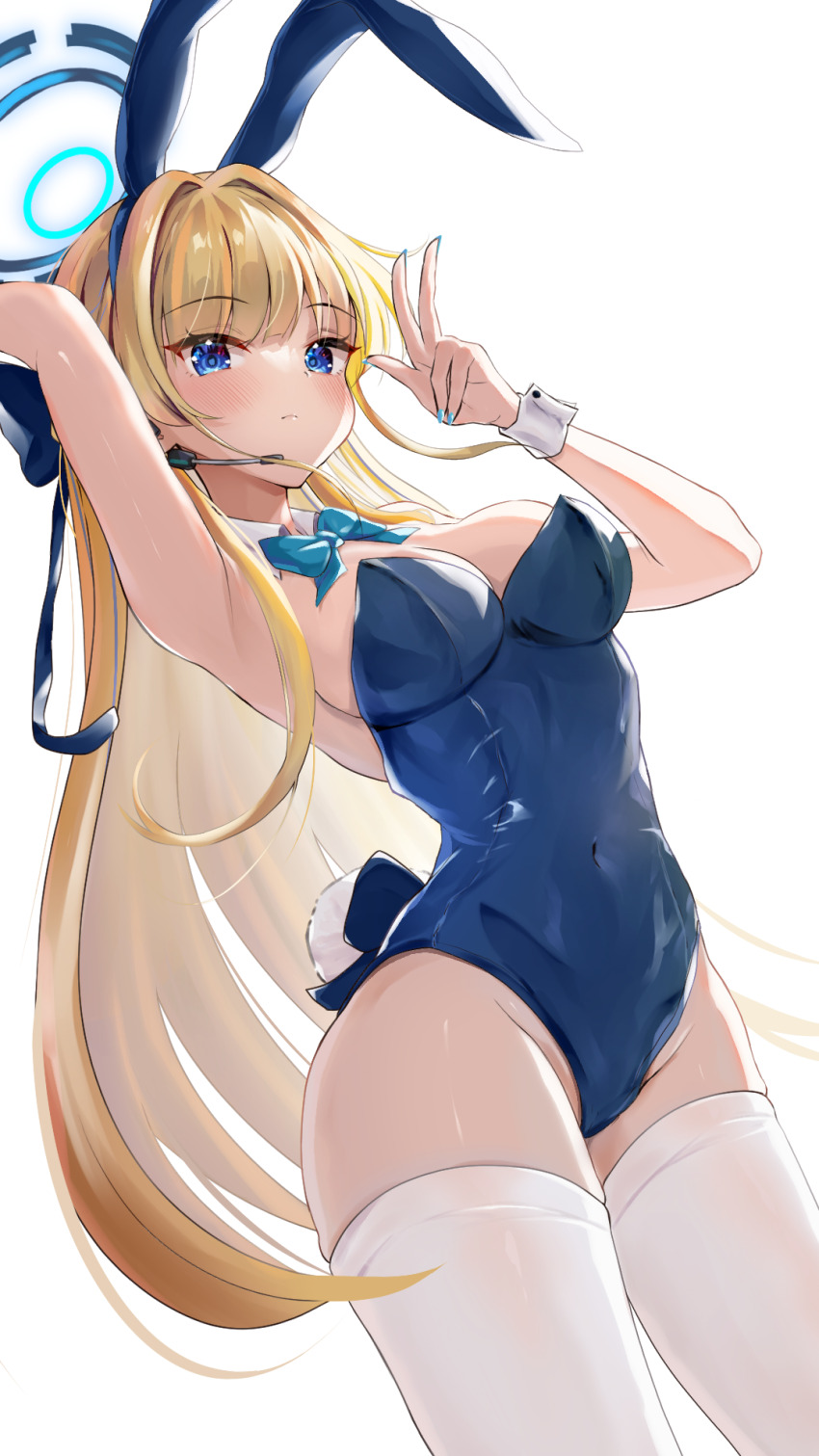1girl, animal_ears, aqua_bow, aqua_bowtie, armpits, blonde_hair, blue_archive, blue_bow