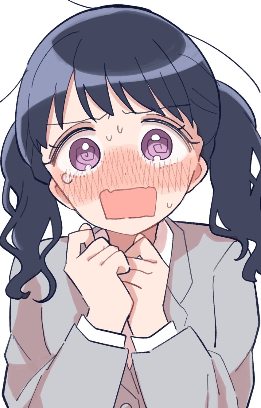 19_okeke, 1girl, @_@, blazer, blue_hair, blush, clenched_hands, dark_blue_hair, fukumaru_koito, highres, idolmaster, idolmaster_shiny_colors, jacket, looking_at_viewer, nose_blush, rectangular_mouth, school_uniform, simple_background, solo, sweatdrop, tears, twintails, upper_body, white_background