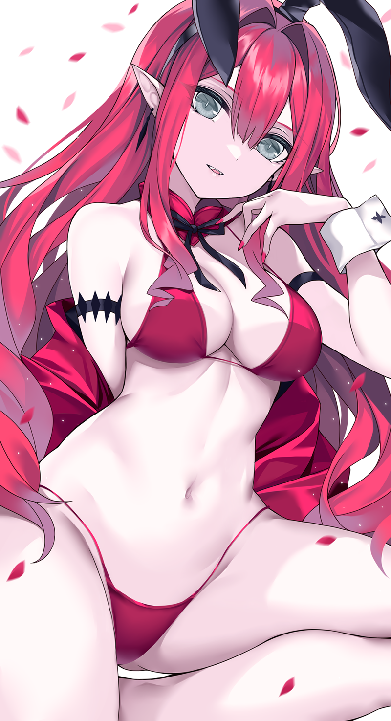 1girl, animal_ears, bare_shoulders, bikini, breasts, cleavage, detached_collar, earrings