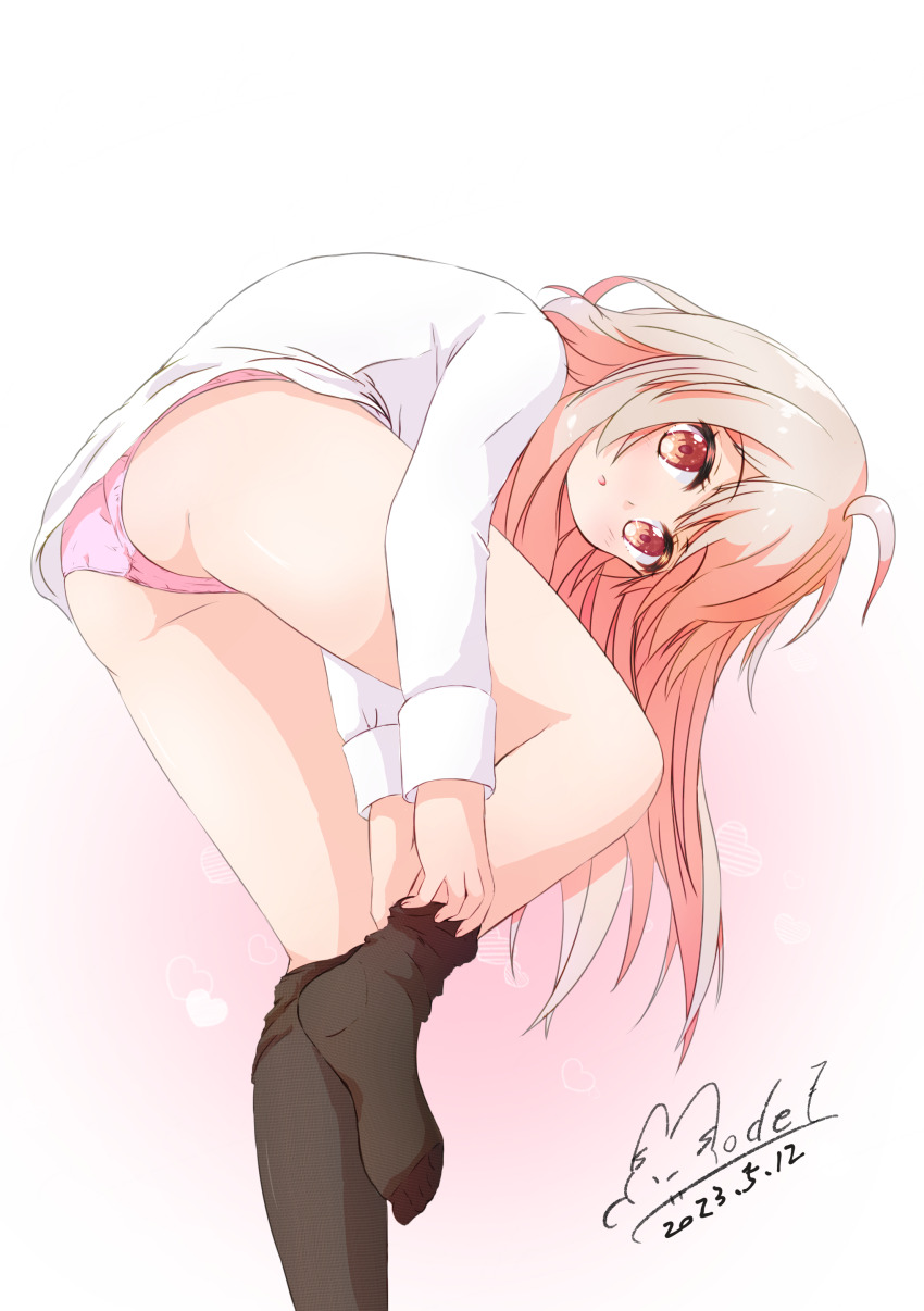 1girl, absurdres, ahoge, ass, black_pantyhose, blonde_hair, brown_eyes, clothes_pull, commentary_request, dated, foot_out_of_frame, genderswap, genderswap_(mtf), highres, leaning_forward, loli, long_hair, long_sleeves, looking_at_viewer, mode_(mode-n), no_pants, no_shoes, onii-chan_wa_oshimai!, open_mouth, oyama_mahiro, panties, pantyhose, pantyhose_pull, pink_panties, shirt, signature, simple_background, solo, standing, standing_on_one_leg, thighs, underwear, undressing, white_background, white_shirt