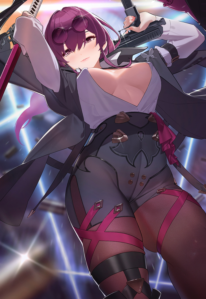 1girl, arms_up, atta_(atta_1129), black_jacket, black_shorts, blurry, blurry_background, breasts, brown_pantyhose, eyewear_on_head, fingernails, gun, hair_between_eyes, highres, holding, holding_gun, holding_sword, holding_weapon, honkai:_star_rail, honkai_(series), jacket, kafka_(honkai:_star_rail), large_breasts, long_fingernails, long_hair, long_sleeves, looking_at_viewer, pantyhose, parted_lips, purple_eyes, purple_hair, round_eyewear, shirt, shirt_tucked_in, shorts, skindentation, solo, sword, weapon, white_shirt