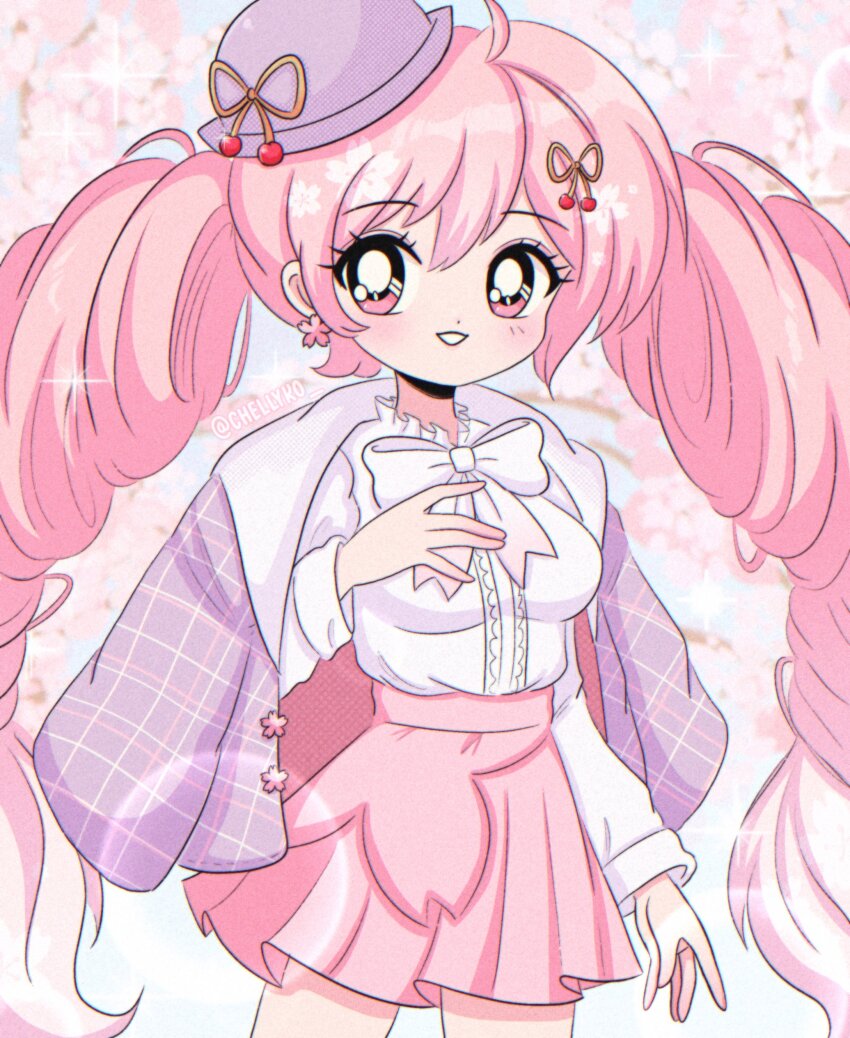 1990s_(style), 1girl, absurdres, blush, bow, breasts, chellyko, cherry_blossoms