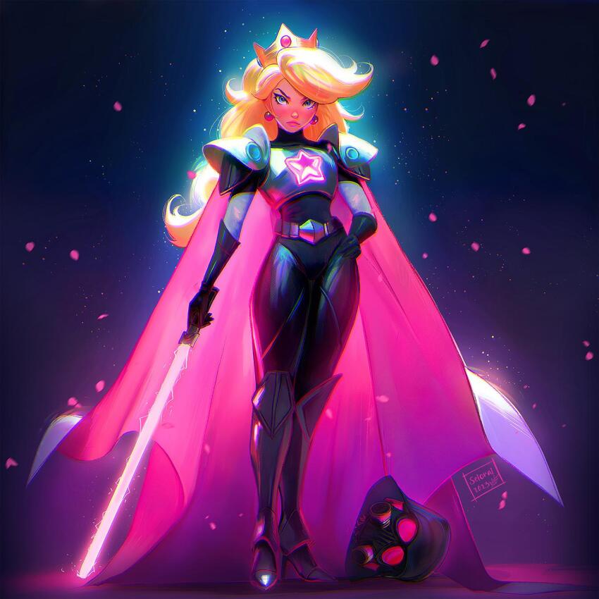 1girl, blonde_hair, blue_eyes, cape, crown, earrings, energy_sword, full_body, helmet, highres, holding, holding_sword, holding_weapon, jewelry, lightsaber, long_hair, looking_at_viewer, mario_(series), nintendo, princess_peach, seiorai, solo, standing, star_wars, sword, weapon
