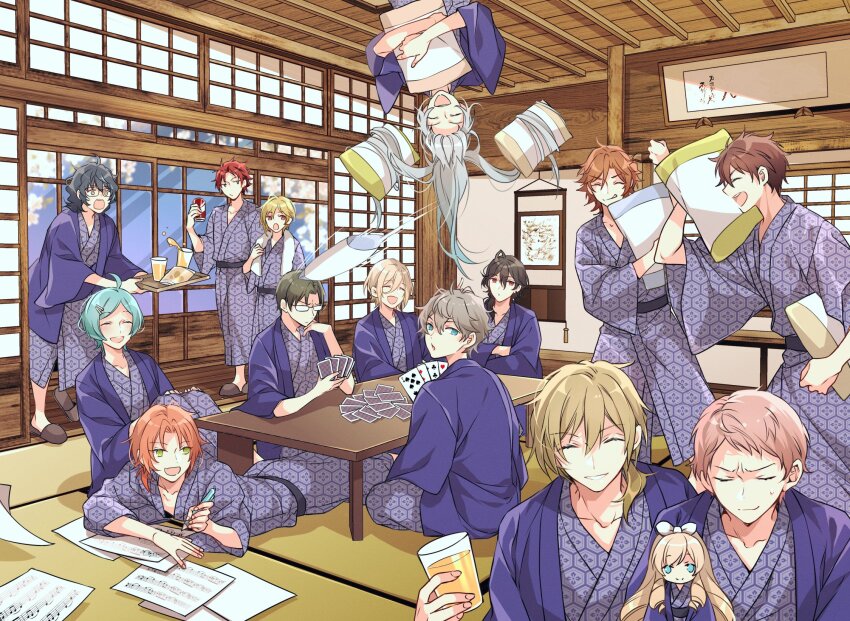 6+boys, aoba_tsumugi, aqua_hair, black_hair, blonde_hair, blue_eyes, blue_kimono, brown_hair