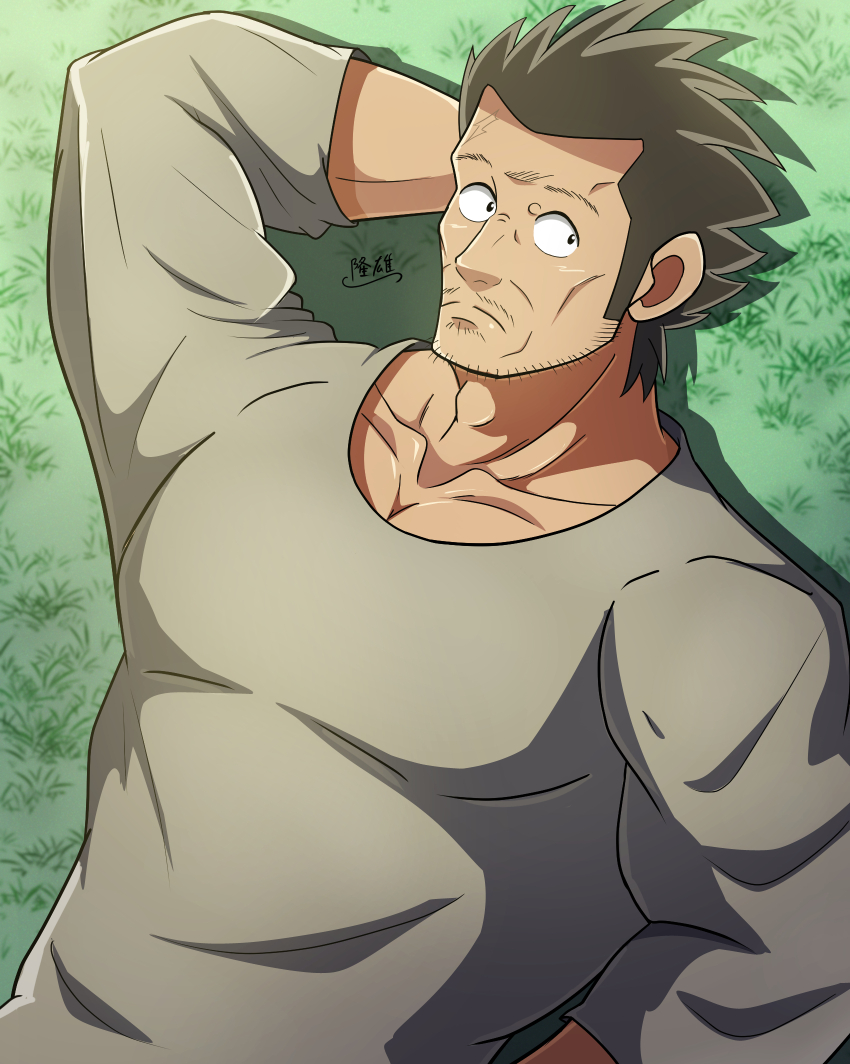 1boy, arm_up, cheekbones, collarbone, facial_hair, highres, male_focus, mix_(manga)