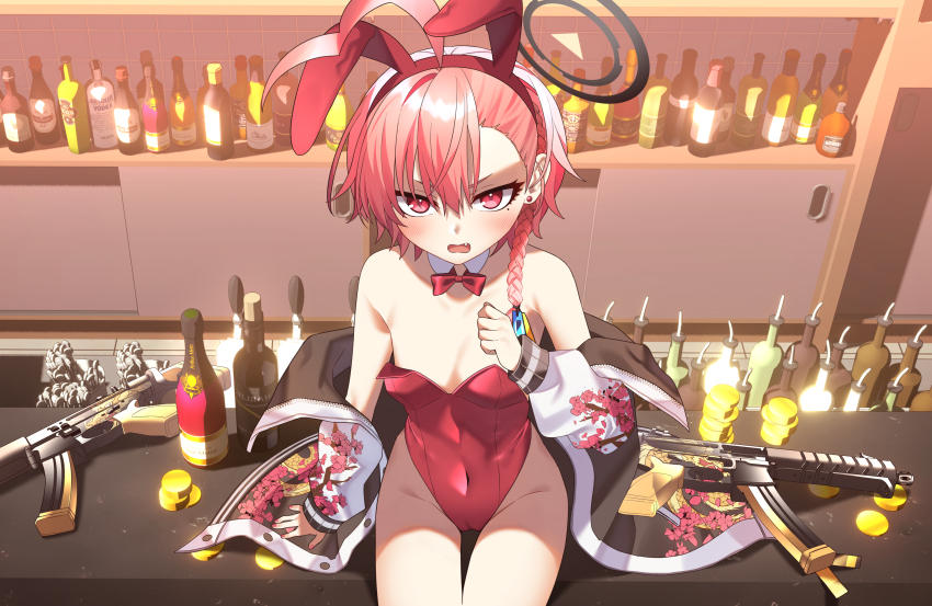 1girl, absurdres, ahoge, alcohol, assault_rifle, bar_(place), bare_shoulders, blue_archive, blush, bottle, bow, bowtie, braid, breasts, cherry_blossom_print, coin, collarbone, covered_navel, detached_collar, fang, floral_print, groin, gun, hairband, halo, hand_up, highres, hwaen, jacket, leotard, looking_at_viewer, mole, mole_under_eye, neru_(blue_archive), neru_(bunny)_(blue_archive), off_shoulder, official_alternate_costume, open_mouth, pink_hair, playboy_bunny, print_jacket, red_bow, red_bowtie, red_eyes, red_hairband, red_leotard, red_nails, rifle, shelf, short_hair, single_braid, sitting, small_breasts, solo, thighs, weapon
