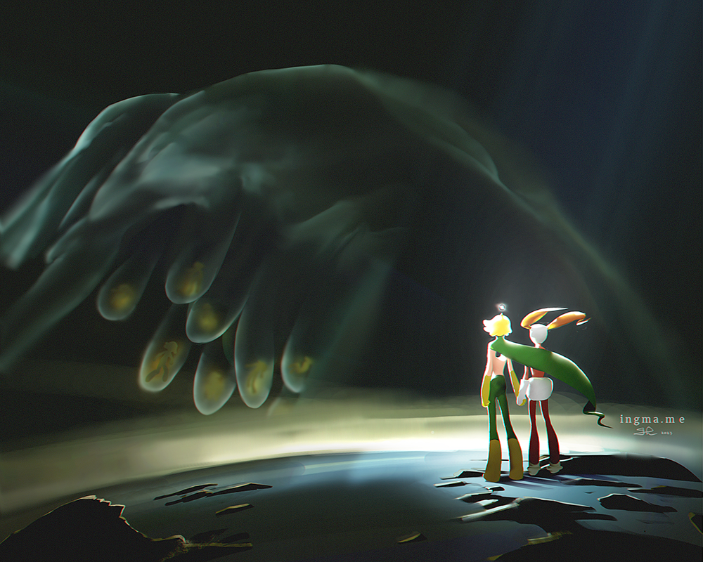 1boy, 1girl, artist_name, blonde_hair, cape, facing_away, gloves, green_cape