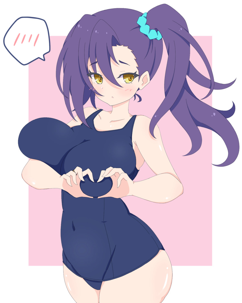 1girl, aqua_scrunchie, arm_under_breasts, assault_lily, asymmetrical_bangs, bare_arms, bare_shoulders, blue_one-piece_swimsuit