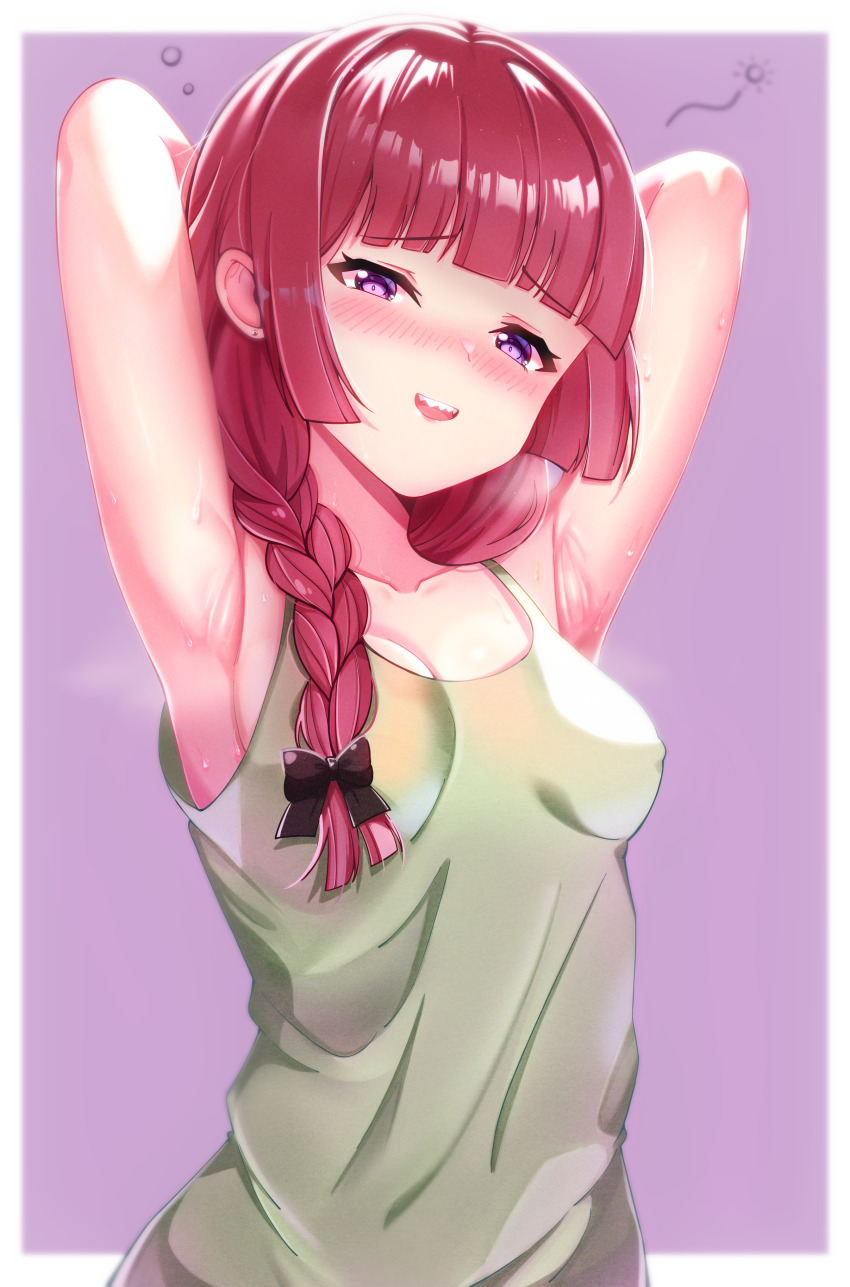 1girl, absurdres, armpits, arms_up, blunt_bangs, blush, bocchi_the_rock!, border, bow, braid, braided_ponytail, breasts, breath, collarbone, covered_erect_nipples, dress, drunk, green_dress, green_tank_top, hair_bow, hair_over_shoulder, highres, hiroi_kikuri, looking_at_viewer, manakaze, medium_dress, open_mouth, purple_background, purple_eyes, red_hair, sharp_teeth, simple_background, single_braid, small_breasts, smile, squeans, steam, steaming_body, sweat, tank_top, teeth, upper_body, white_border