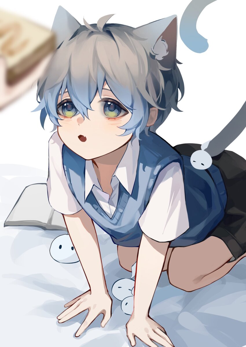 1boy, aged_down, ahoge, aluhzora, animal_ears, black_shorts, blue_hair, blue_sweater_vest
