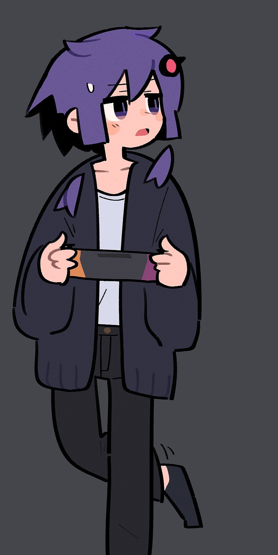 1girl, adpx, black_jacket, black_pants, black_socks, naturally_detached_hair, foot_out_of_frame, grey_shirt