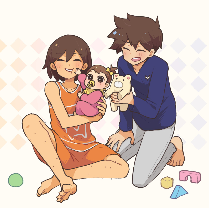 1girl, 2boys, baby, barefoot, bib, block_(object), blue_shirt, blush