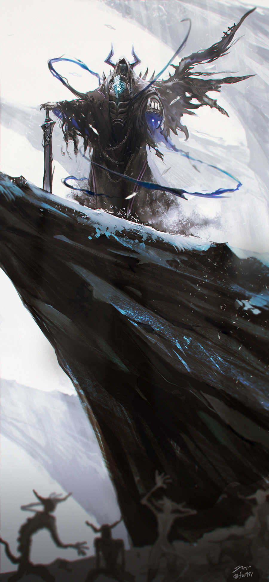 1boy, armor, azrael_(sword)_(fate), black_cloak, chain, cloak, fate/grand_order, fate_(series), full_armor, ghoul, glowing, glowing_eyes, highres, holding, holding_sword, holding_weapon, horns, king_hassan_(fate), makitoyuito, pointing, pointing_down, signature, snow, spikes, sword, weapon